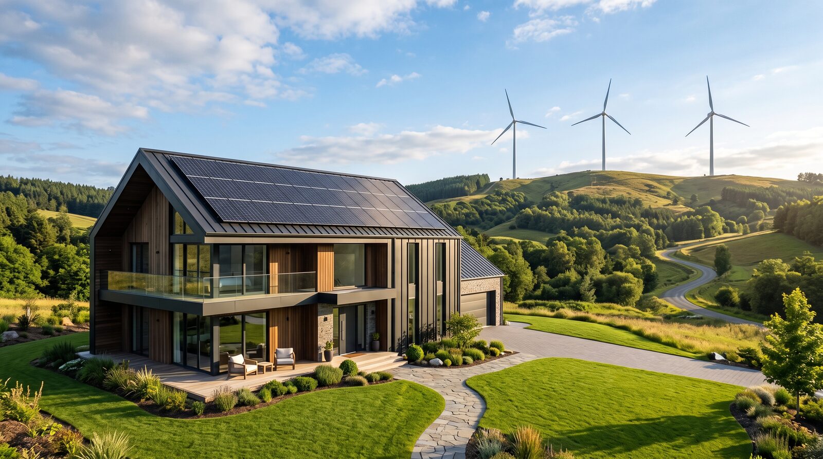 Modern home with solar panels and wind turbines